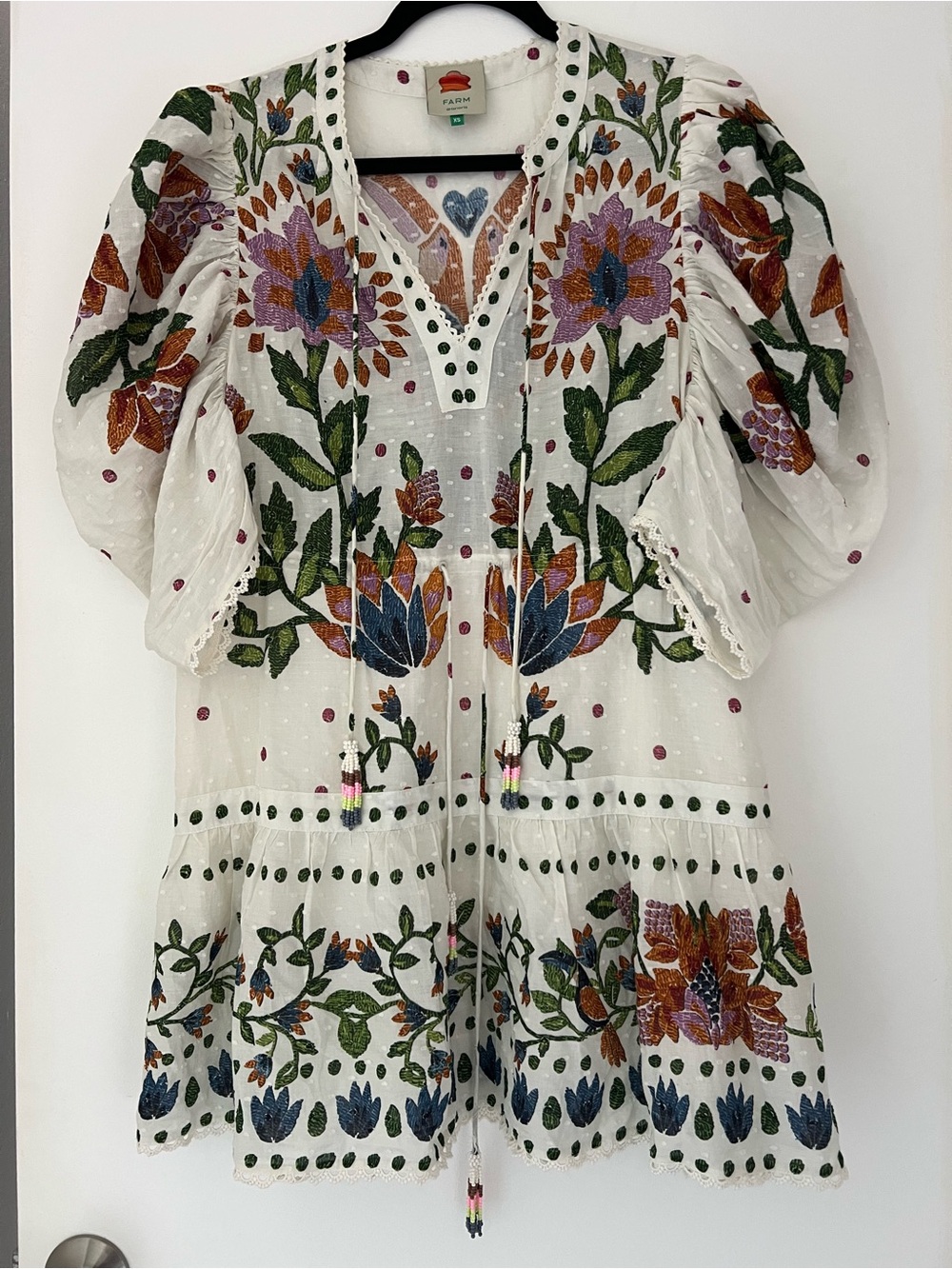 FARM Rio White Floral Embroidered Puff-Sleeve Mini Dress